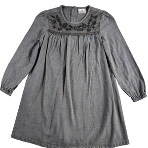Hanna Andersson Flannel Dress Gray Girls 140‎ (10-12) Floral Embroidery L/S